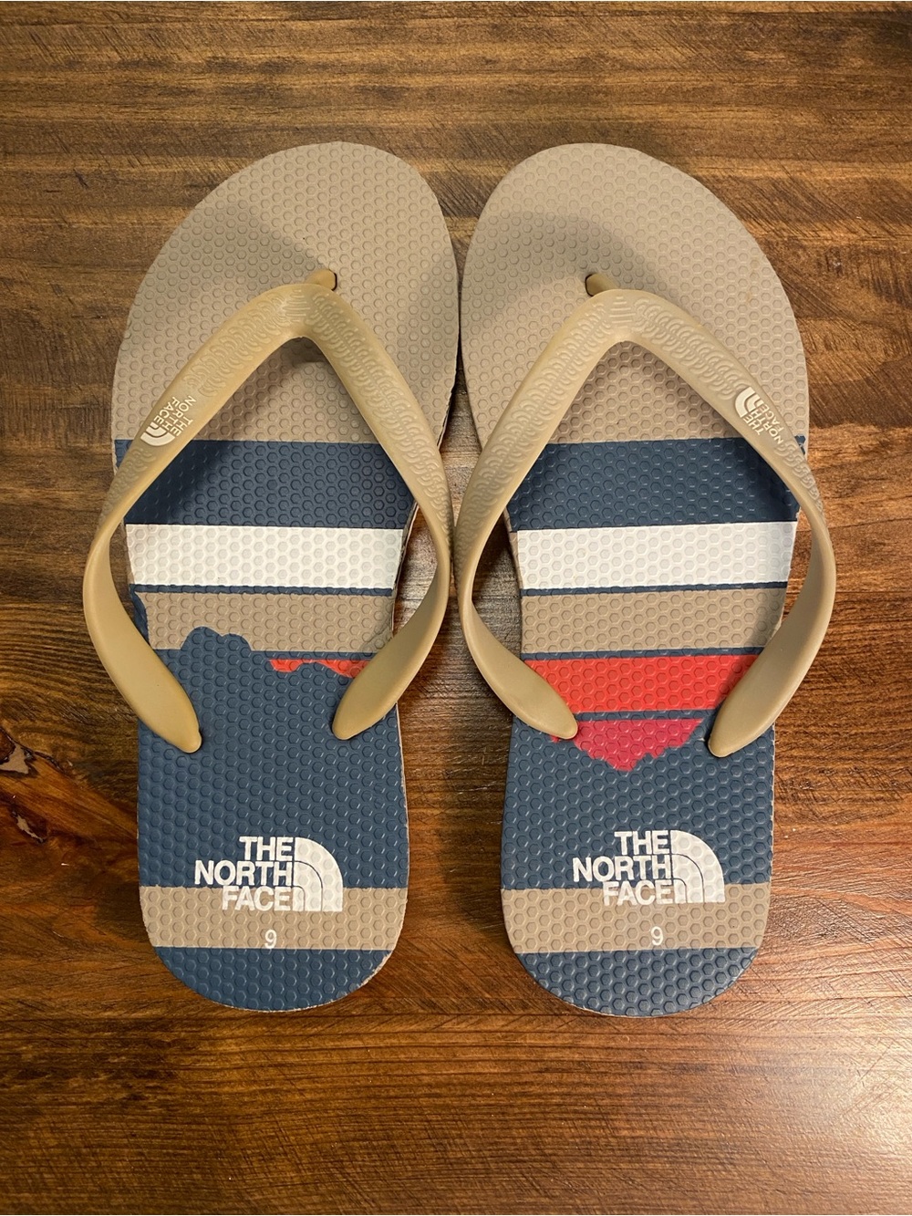 The North Face - Men's Striped Flip Flops in Navy, Tan & Red - size 9